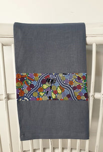 Linen tea towel, indigenous design tea towel, Australian Aboriginal artist, Corroboree by Donna McNamara on denim blue linen
