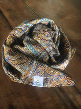 Load image into Gallery viewer, Beautiful soft and drapey rayon bandanna scarves in a timeless paisley designs, featuring a multitude of colours including mustard, teal and cobalt blue. A very spring fashion accessory for both humans and fur babies.