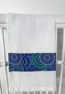 Linen tea towel, indigenous design tea towel, Australian Aboriginal artist, Womens Body Dreamimg by Cindy Wallace. A brilliant splash of blues, greens and teals on white linen