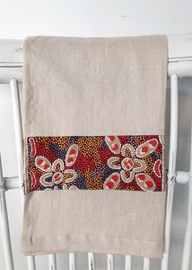 Linen tea towel, indigenous design tea towel, Australian Aboriginal artist, Bush Tomato by Audrey Martin Napanangka on oat colouredlinen
