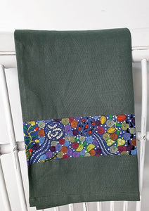 Linen tea towel, indigenous design tea towel, Australian Aboriginal artist, Corroboree by Donna McNamara on green linen