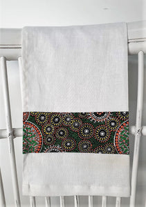 Linen tea towel, indigenous design tea towel, Australian Aboriginal artist,Fresh Life After Rain by Christine Doolan on white linen