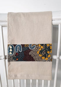 Linen tea towel, indigenous design tea towel, Australian Aboriginal artist, Bush Sultana by Audrey Martin Napanangka on oat coloured linen
