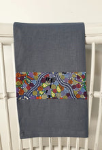 Load image into Gallery viewer, Linen tea towel, indigenous design tea towel, Australian Aboriginal artist, Corroboree by Donna McNamara on denim blue linen
