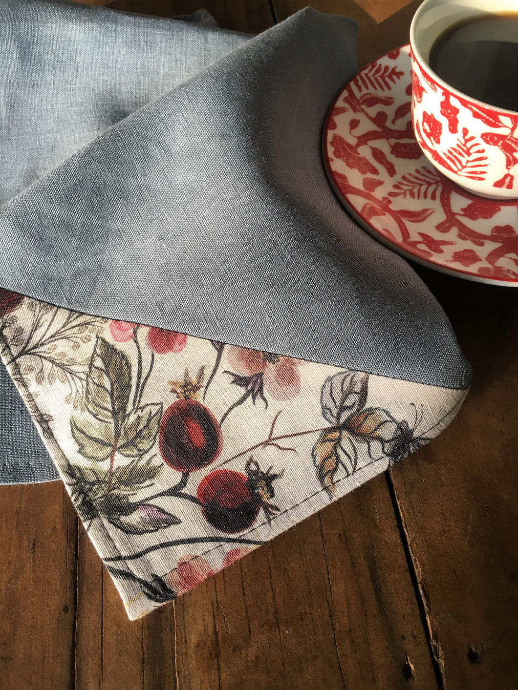Table Napkins - Berry on Arctic Blue Linen