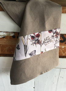 Crisp pewter coloured linen tea towel with a berry print feature. Great for drying glasses and beautiful enough to carry to the dining table. Traditional style manchester with a modern edge.