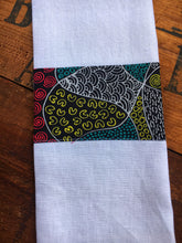 Load image into Gallery viewer, Linen tea towel, indigenous design tea towel, Australian Aboriginal artist, Bush Coconut Dreaming by Audrey Martin on white linen