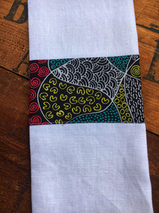 Linen tea towel, indigenous design tea towel, Australian Aboriginal artist, Bush Coconut Dreaming by Audrey Martin on white linen