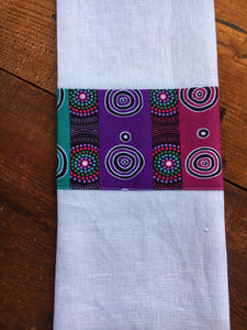 Linen tea towel, indigenous design tea towel, Australian Aboriginal artist, Desert Flowers by Marie E, Ellis on white linen