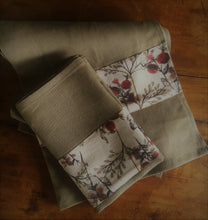 Load image into Gallery viewer, Crisp pewter coloured linen tea towel with a berry print feature. Great for drying glasses and beautiful enough to carry to the dining table. Traditional style manchester with a modern edge.