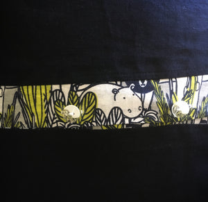 Jungle theme nursery cushion covers in linen. Navy blue and lime colour. Tigers, elephants, crocodiles, giraffes, safari