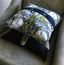 Load image into Gallery viewer, Jungle theme nursery cushion covers in linen. Navy blue and lime colour. Tigers, elephants, crocodiles, giraffes, safari
