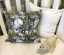Load image into Gallery viewer, Jungle theme nursery cushion covers in linen. Navy blue and lime colour. Tigers, elephants, crocodiles, giraffes, safari