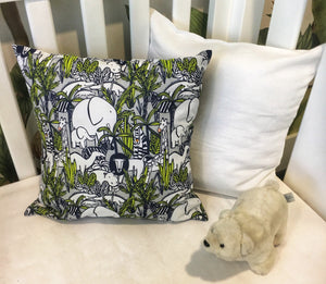 Jungle theme nursery cushion covers in linen. Navy blue and lime colour. Tigers, elephants, crocodiles, giraffes, safari