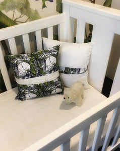 Jungle theme nursery cushion covers in linen. Navy blue and lime colour. Tigers, elephants, crocodiles, giraffes, safari