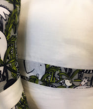 Load image into Gallery viewer, Jungle theme nursery cushion covers in linen. Navy blue and lime colour. Tigers, elephants, crocodiles, giraffes, safari