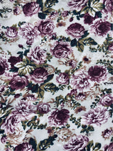 Load image into Gallery viewer, Beautiful soft and drapey rayon bandanna scarves in a timeless floral design featuring many shades of pink on a pale blue grey background and green foliage leaves. Bandanna suitable for humans and fur babies dogs.