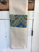 Load image into Gallery viewer, 100% linen tea towel, beige with blue symphony trim, homewares, tableware, kitchen. Great for drying glasses fluff free and looks good enough to take to the table when entertaining.