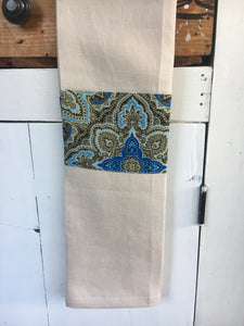 100% linen tea towel, beige with blue symphony trim, homewares, tableware, kitchen. Great for drying glasses fluff free and looks good enough to take to the table when entertaining.