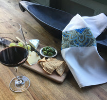 Load image into Gallery viewer, 100% linen tea towel, beige with blue symphony trim, homewares, tableware, kitchen. Great for drying glasses fluff free and looks good enough to take to the table when entertaining.