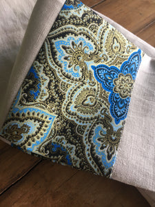 100% linen tea towel, beige with blue symphony trim, homewares, tableware, kitchen. Great for drying glasses fluff free and looks good enough to take to the table when entertaining.